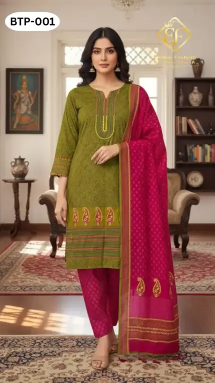 Block Print Three Piece BTP 1-2 - Olive Green